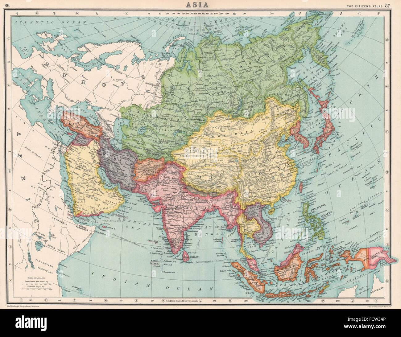 Asien: Britisch-Indien. Japanisch besetzten Korea. Syrien & Libanon unified., 1924 Karte Stockfoto