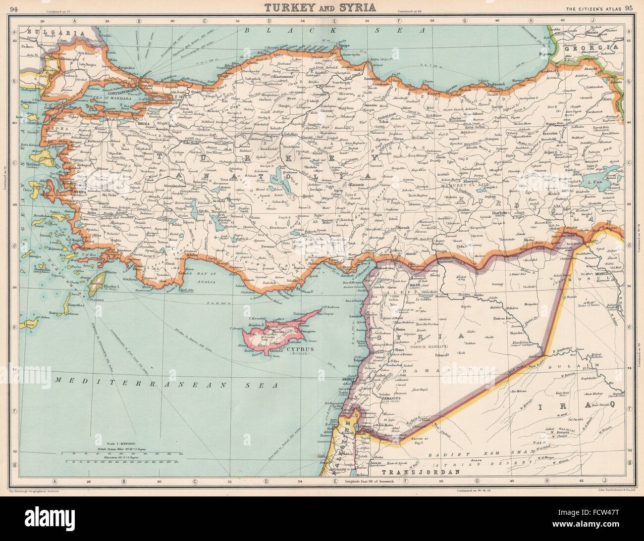 Türkei/Levante: Syrien/Libanon vereinheitlicht. Palästina-Irak-Transjordanien Zypern 1924 Karte Stockfoto