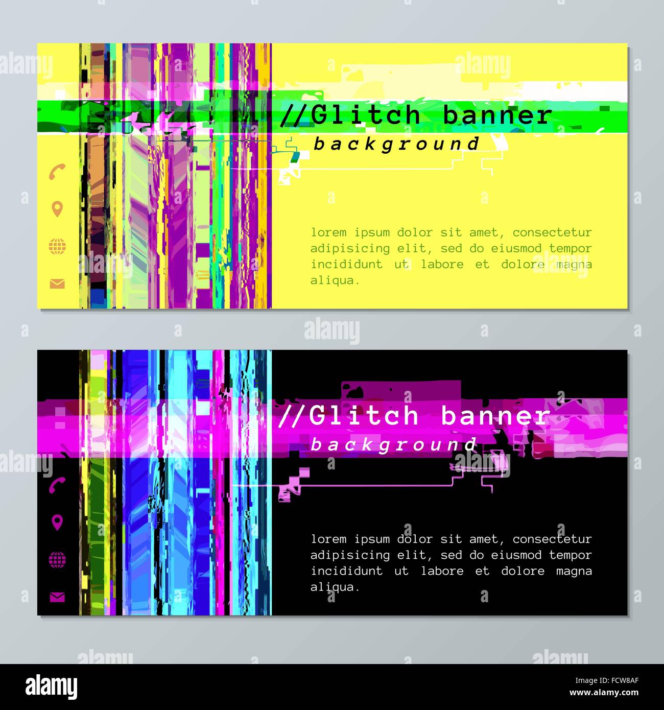 Vektor-farbige abstrakte digitale Glitch Kunst Design horizontale Flyer Vorlagen Sozialkontakte Symbole isoliert gelb und schwarz ba Stock Vektor