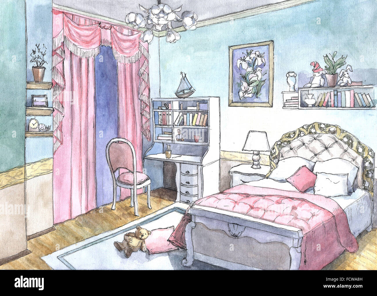 Schlafzimmer Design der Aquarellmalerei Stockfoto Schlafzimmer Design der Aquarellmalerei Stockfoto