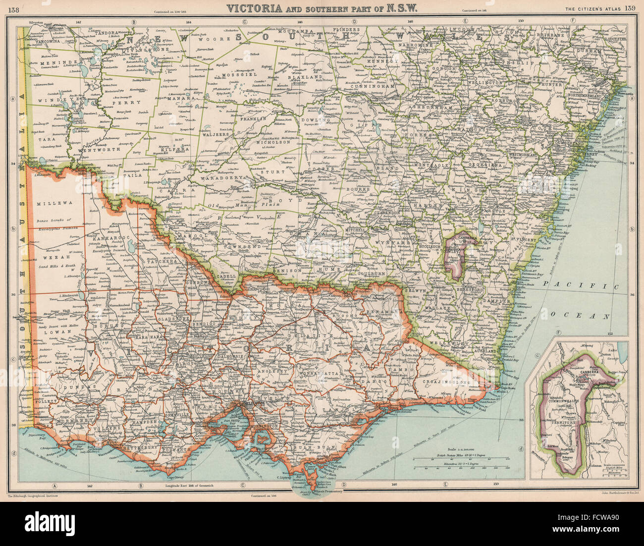 Australien: Victoria, Southern South Wales & Commonwealth Neuland, 1924 Karte Stockfoto