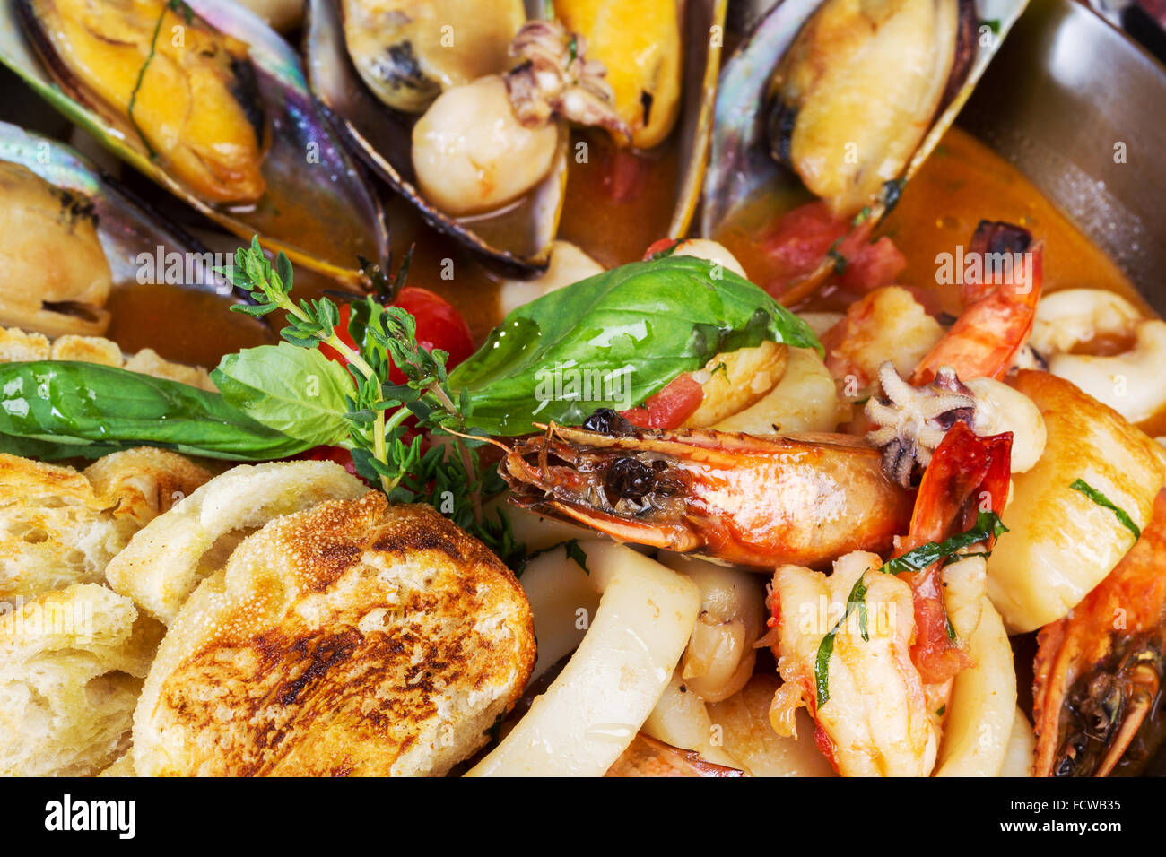 Meeresfrüchte cocktail, Calamari, Muscheln, Garnelen. Hintergrund Stockfoto