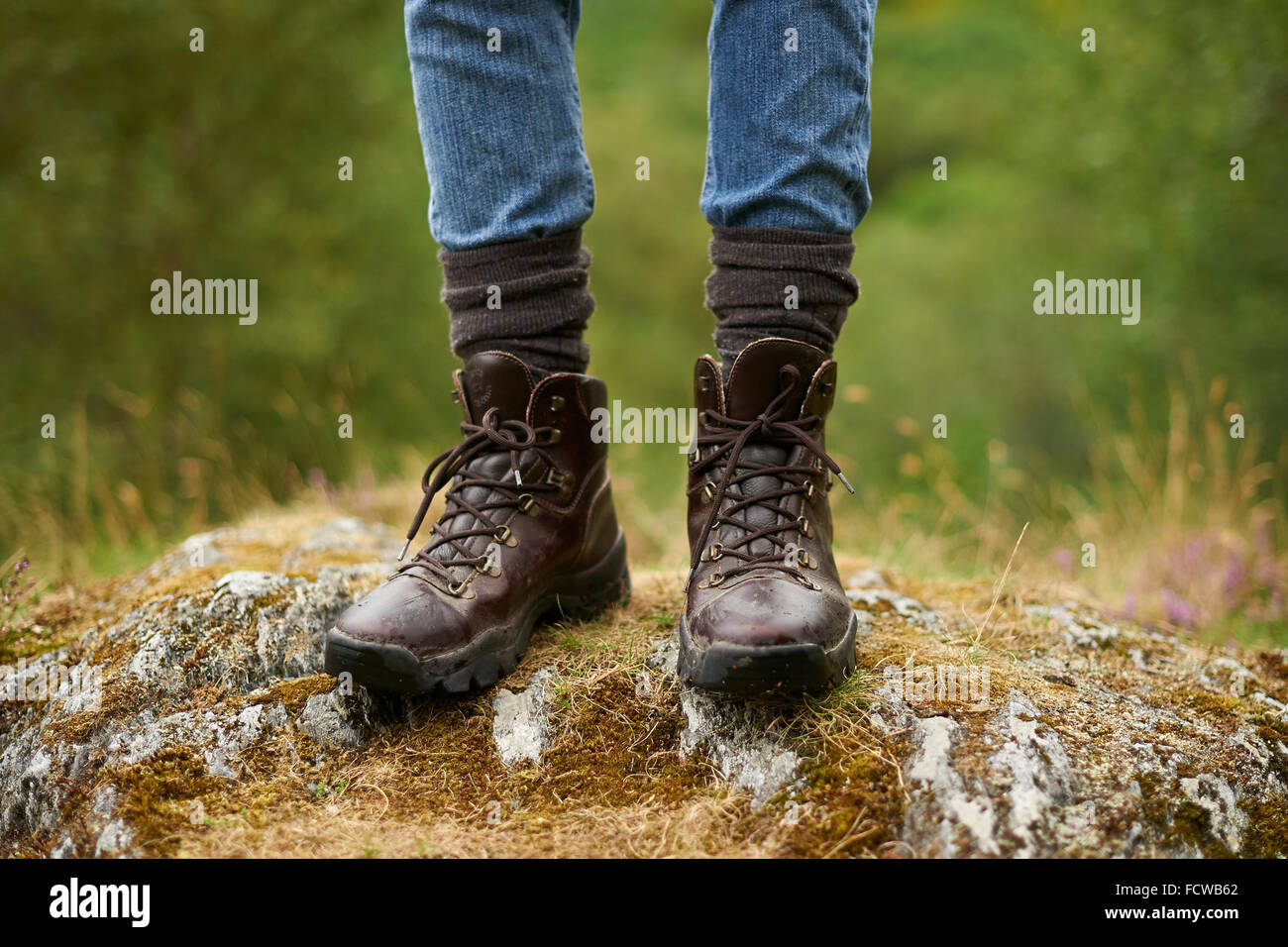 Die Wanderschuhe von einer Frau auf dem Lande Stockfoto