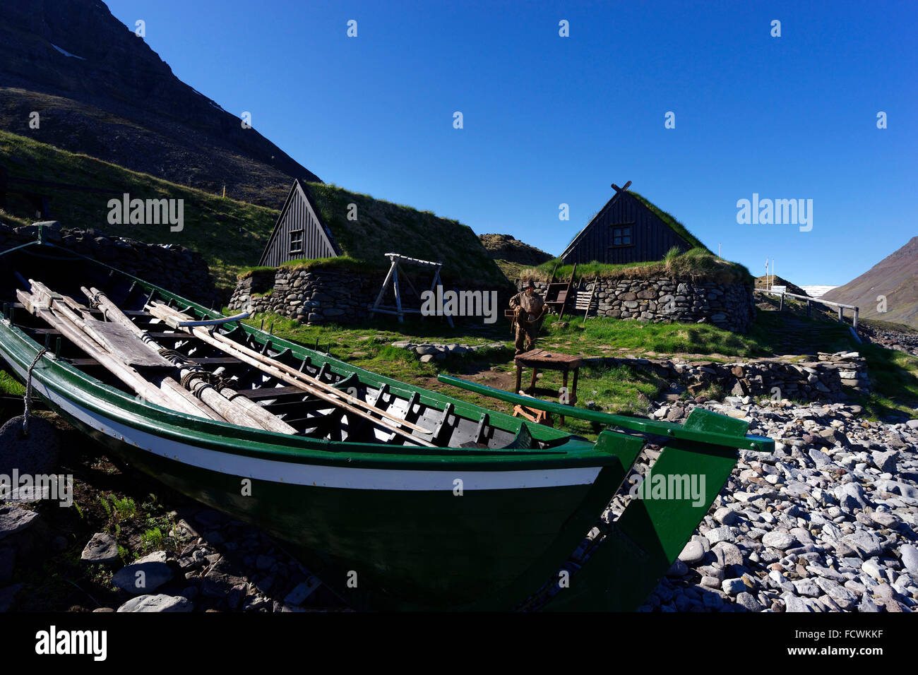 Historisches Dorf, Bolungarvik, Westfjorde, Island, Europa Angeln. Stockfoto