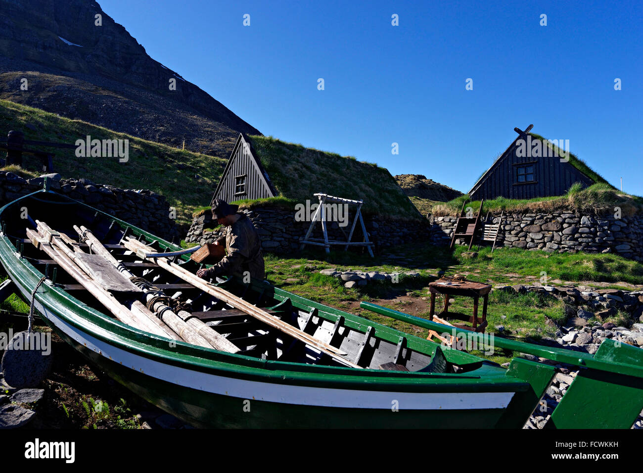 Historisches Dorf, Bolungarvik, Westfjorde, Island, Europa Angeln. Stockfoto