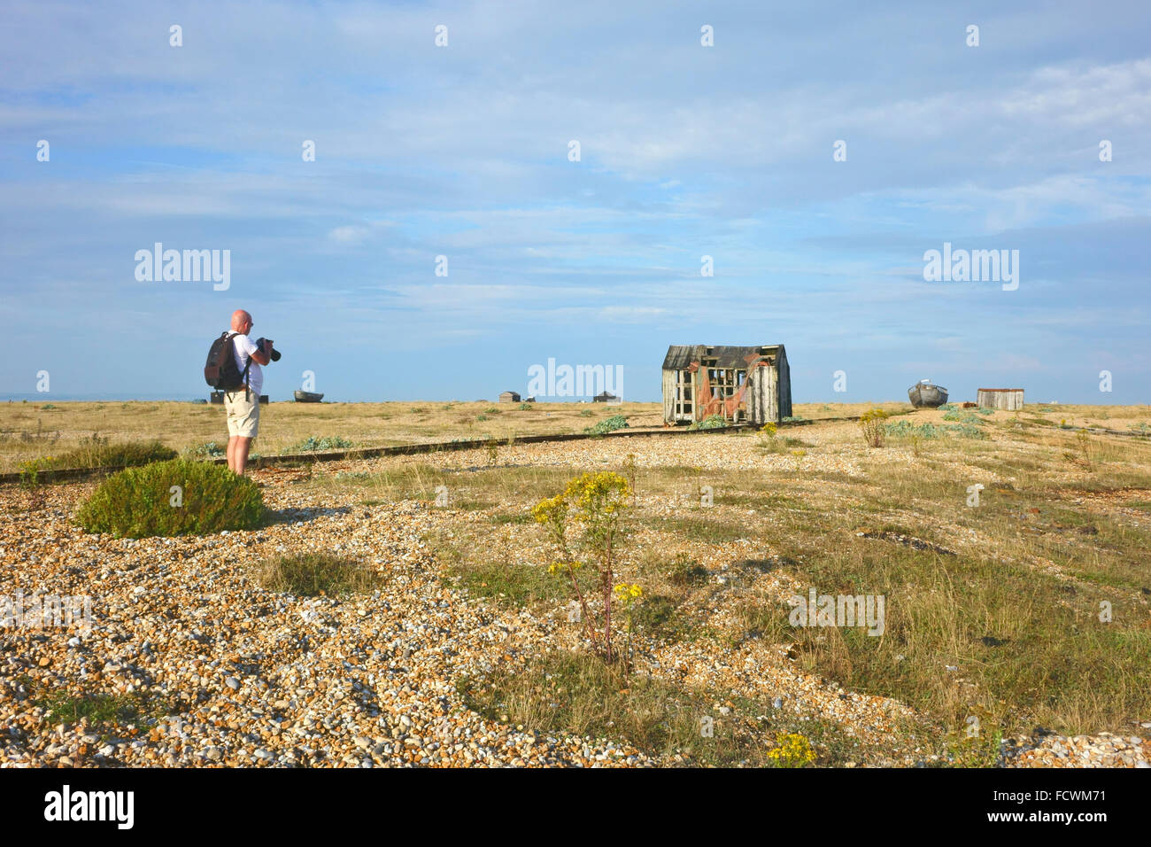 Die trostlose Landschaft der Dungeness Landzunge ist ein beliebter Ort für Fotografen in Kent, Großbritannien Stockfoto