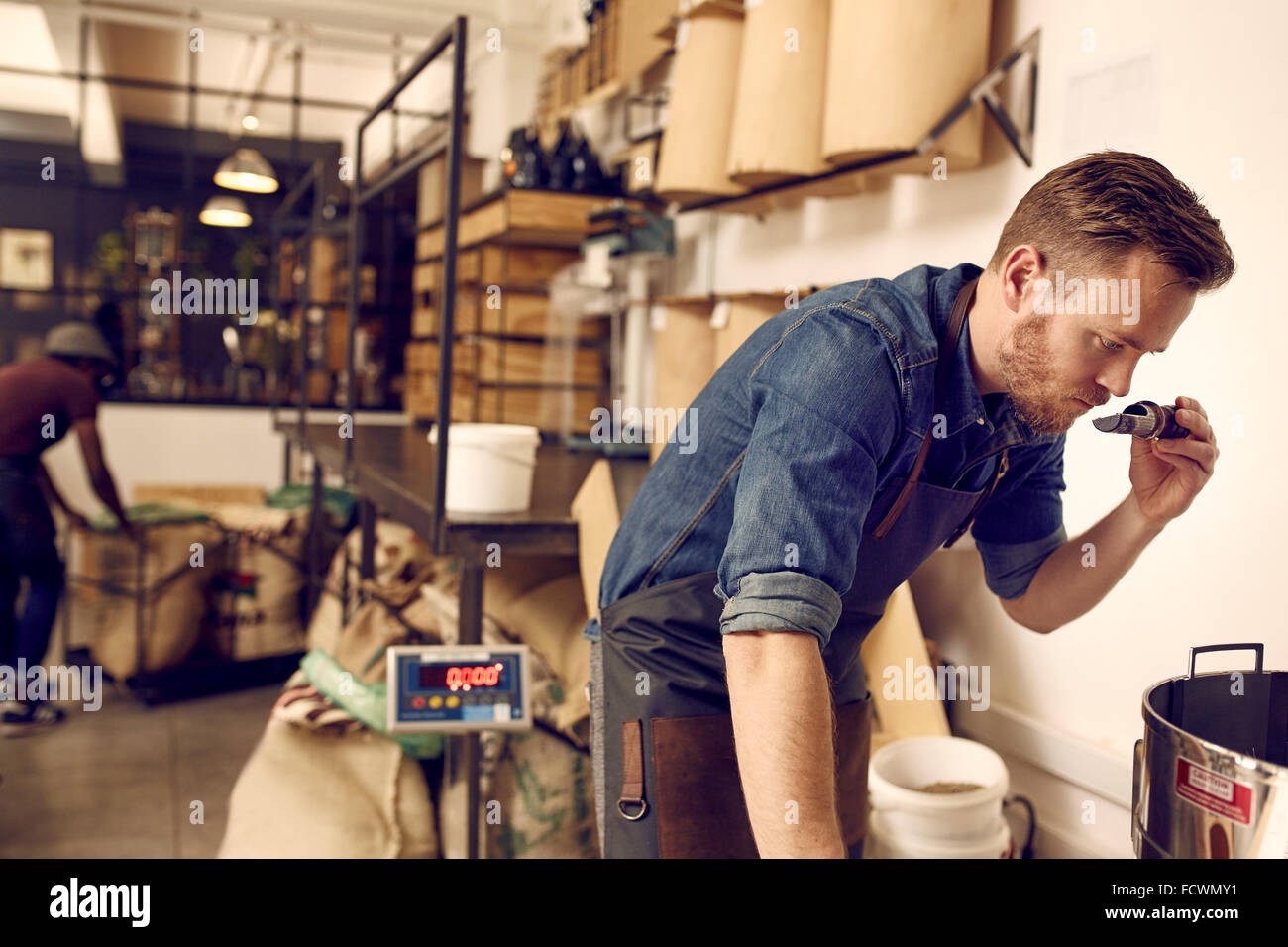 Unternehmer, die Überprüfung des Duft von frisch gerösteten Kaffeebohnen Stockfoto