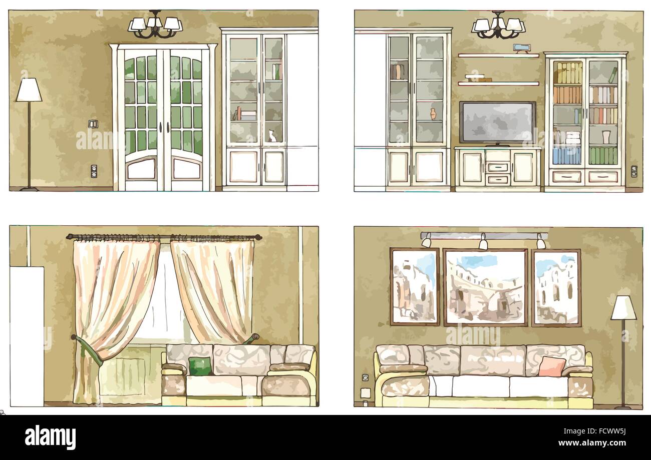 Modernes Wohnzimmer mit weißen Ledersofa Stock Vektor