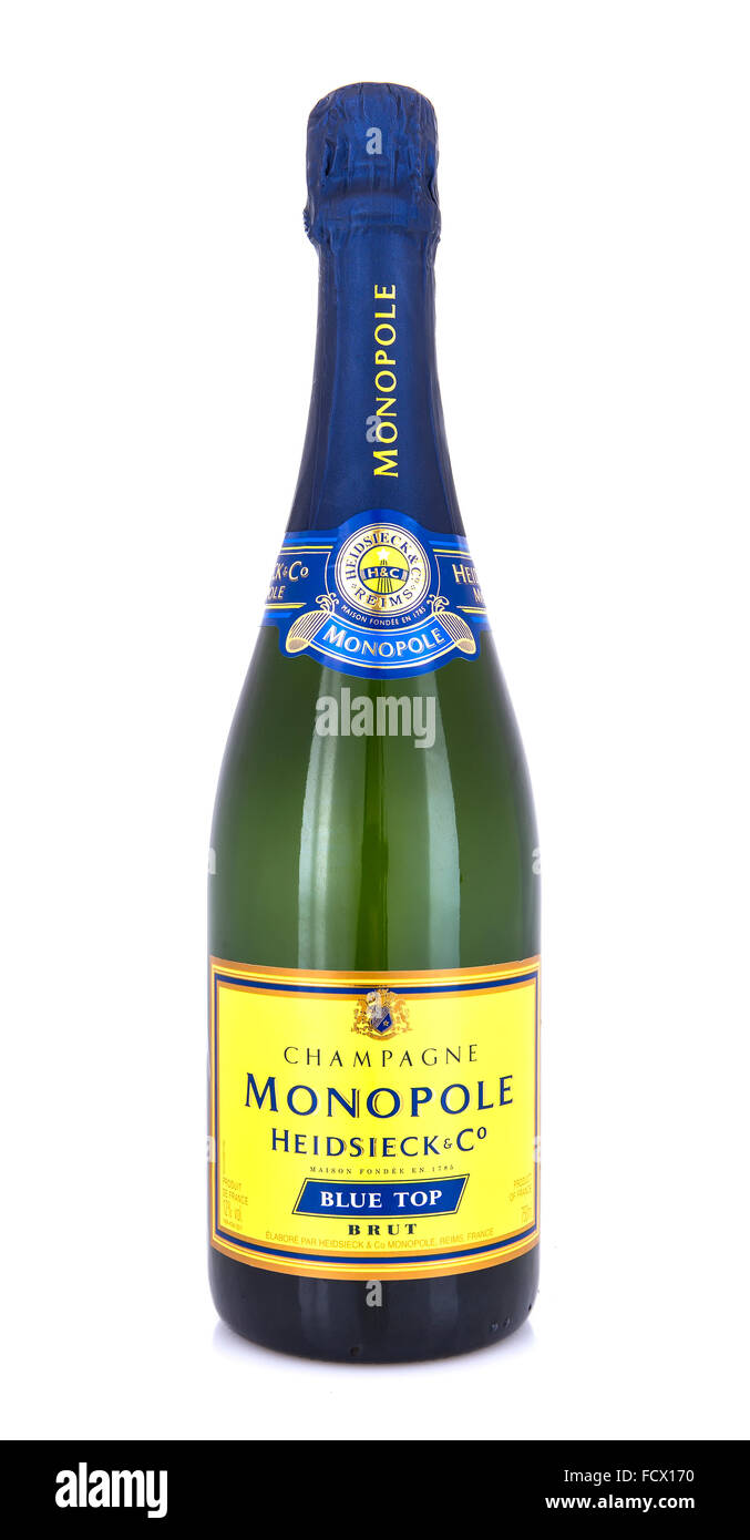 Flasche Heidsieck Blue Top Champagner auf weißem Hintergrund Stockfoto