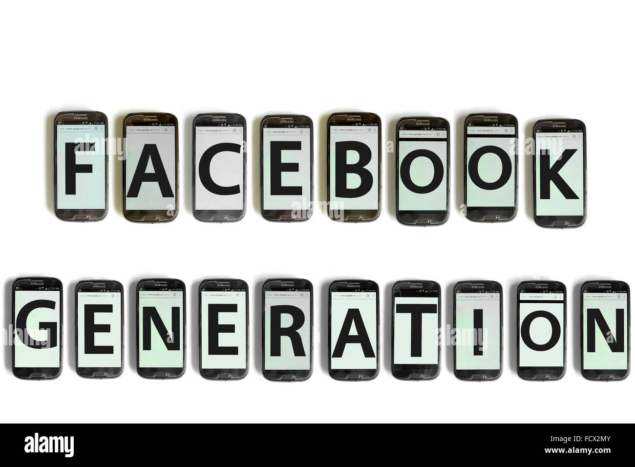 Facebook-Generation geschrieben auf dem Bildschirm des Smartphones vor weißem Hintergrund fotografiert. Stockfoto