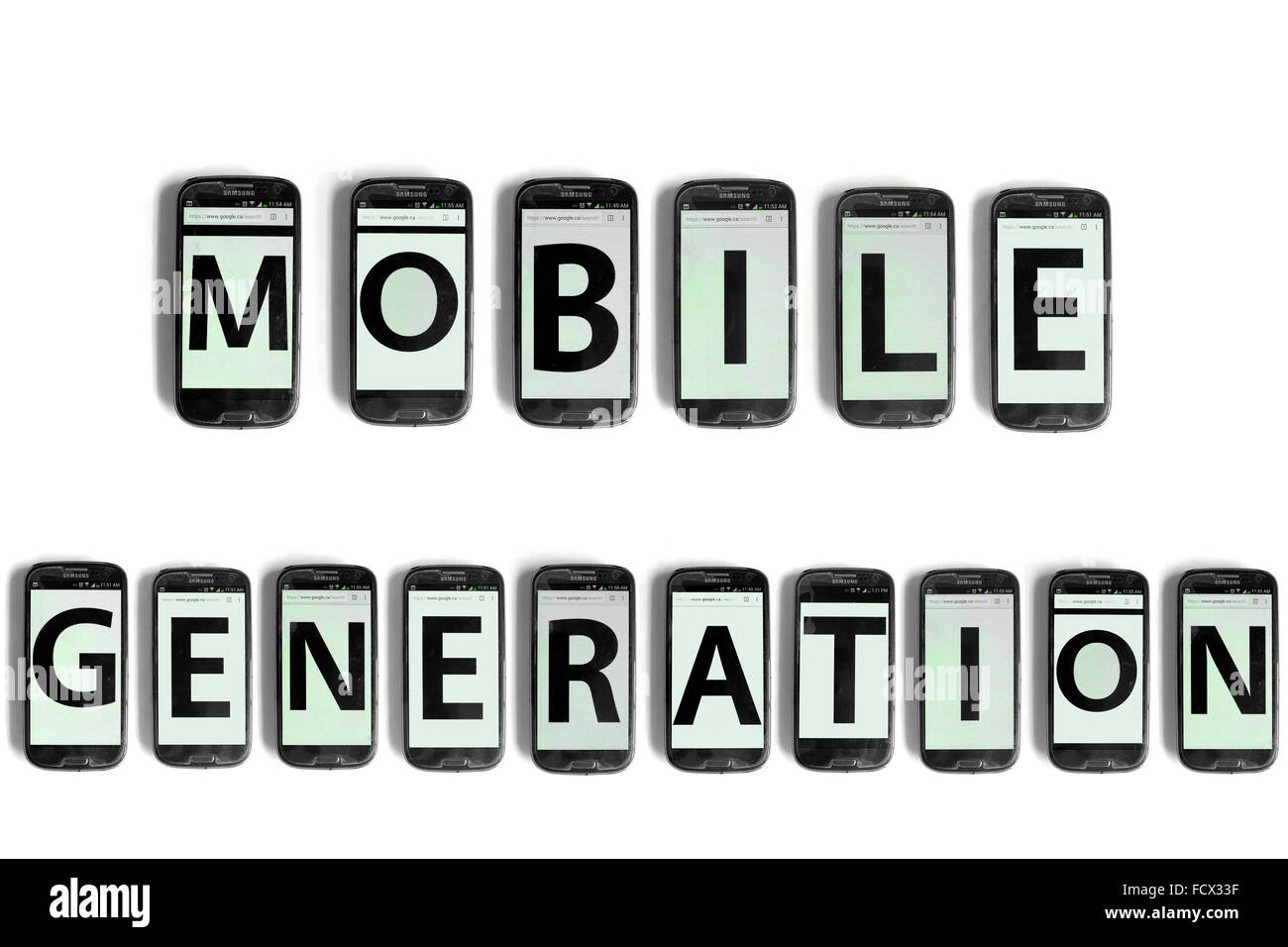 Mobile-Generation geschrieben auf dem Bildschirm des Smartphones vor weißem Hintergrund fotografiert. Stockfoto