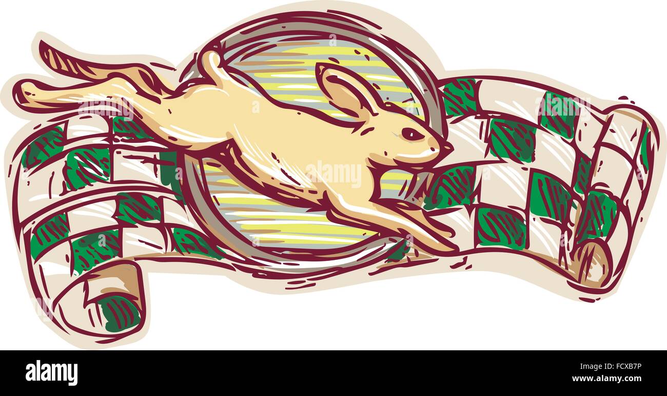 Zeichnung Skizze Stil Abbildung eines Hasen springen gesehen von der Seite mit racing Flagge im Hintergrund auf isolierte weiß Stock Vektor