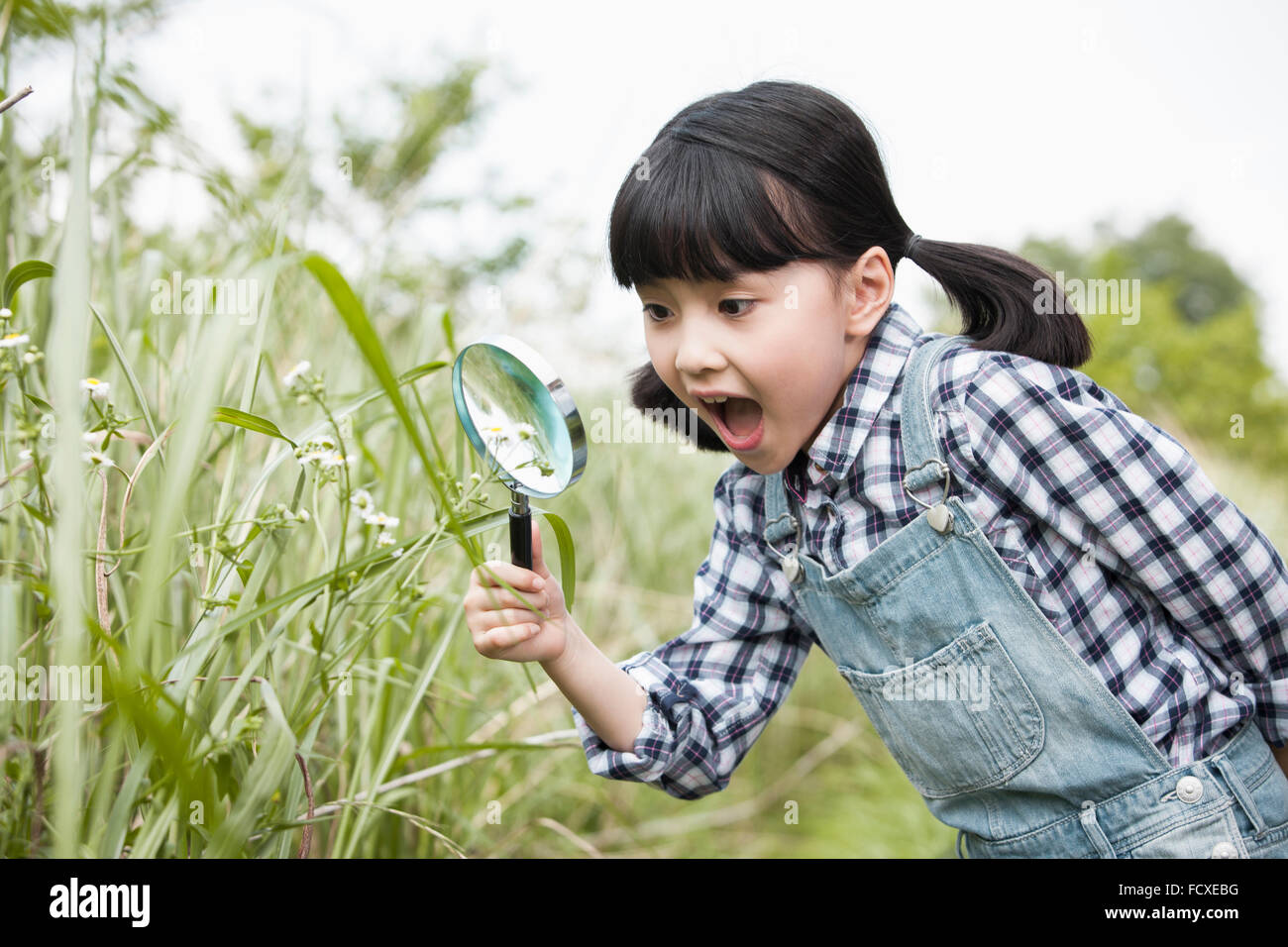 Mädchen beobachten Pflanzen durch eine Lupe mit einem Lächeln in der Überraschung Stockfoto
