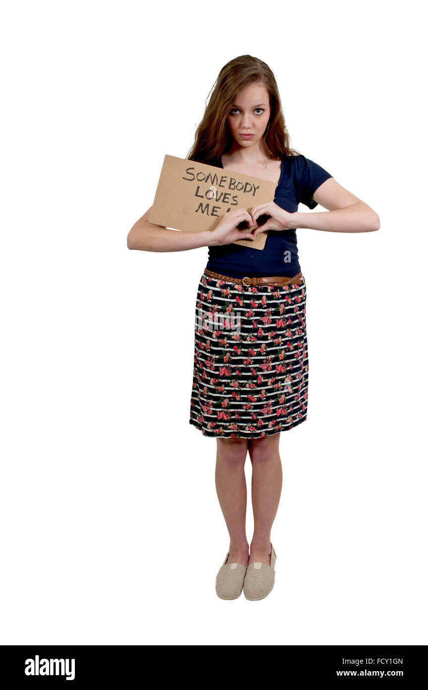 Eine schöne junge Teenager Frau hält ein Schild, das sagt, ich bin nicht immer starke Stockfoto