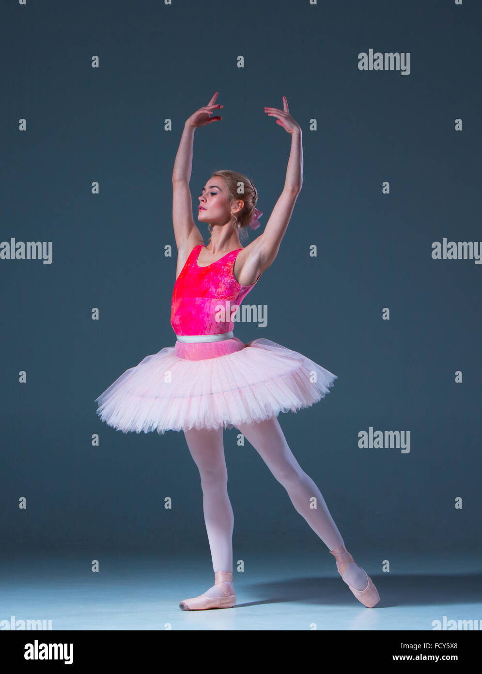 Porträt der Ballerina im Ballett posieren auf einem grauen Hintergrund. Ballerina ist rosa Tutu und Pointe Schuhe tragen. Stockfoto