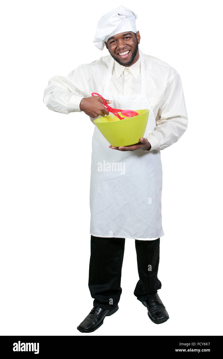 Black African American männlichen Chef zeigt seine Zustimmung für den Geschmack des Essens Stockfoto