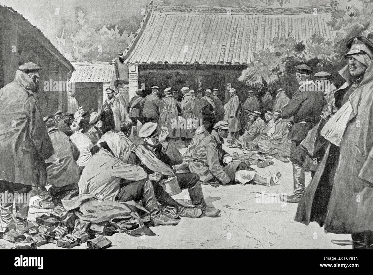 Russo-japanischer Krieg (1904-1905). Russische Soldaten verwundet und Genesung in einem Dorf in der Mandschurei. Zeichnung von Gerlach auf einer Fotografie. 'La Ilustracion Artistica', 20. Jahrhundert. Stockfoto