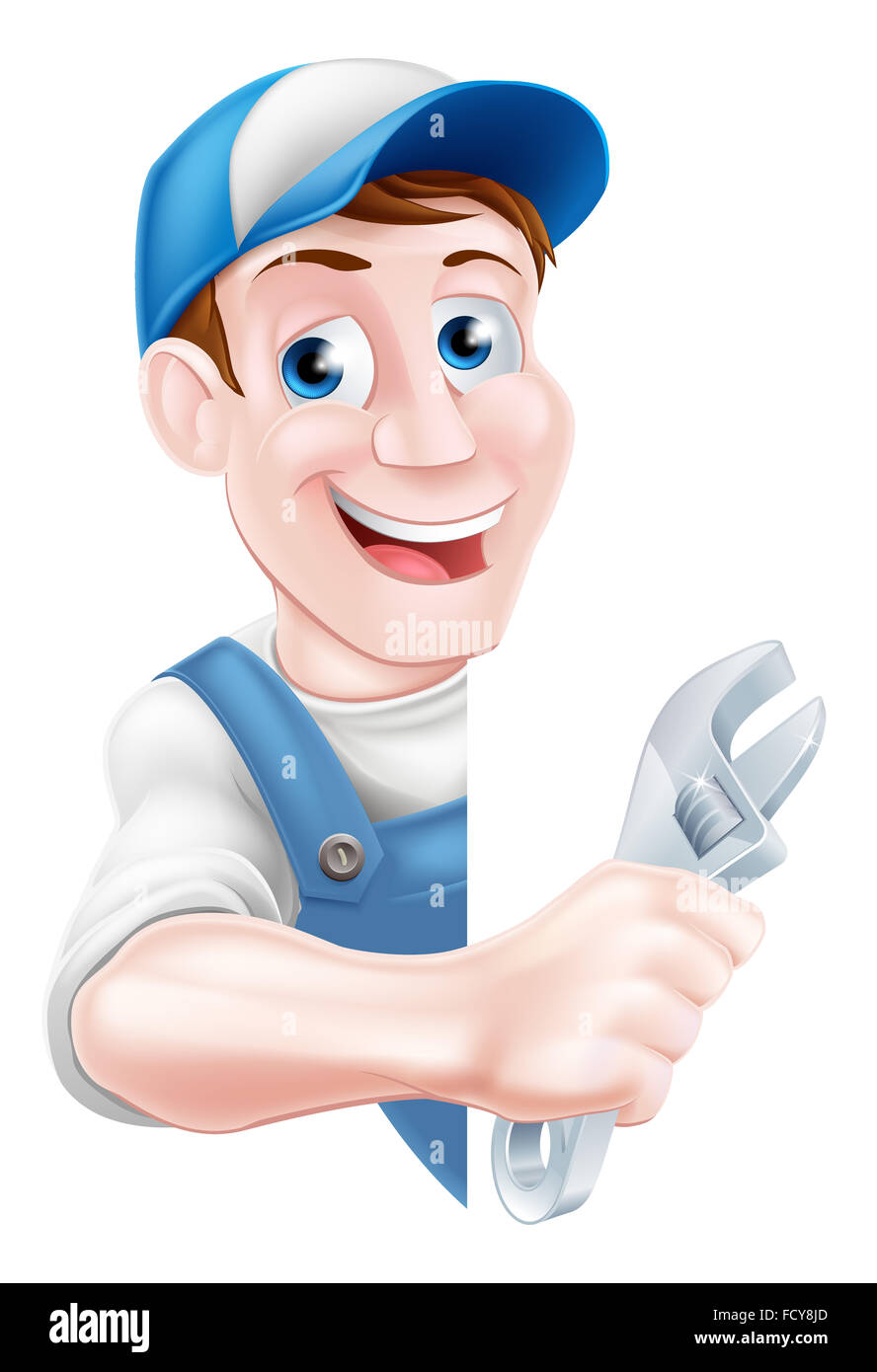 Cartoon Klempner oder Auto Reparatur Mechanikerservice Handwerker Arbeiter Mann hält einen Schraubenschlüssel und spähen Runde Zeichen Stockfoto