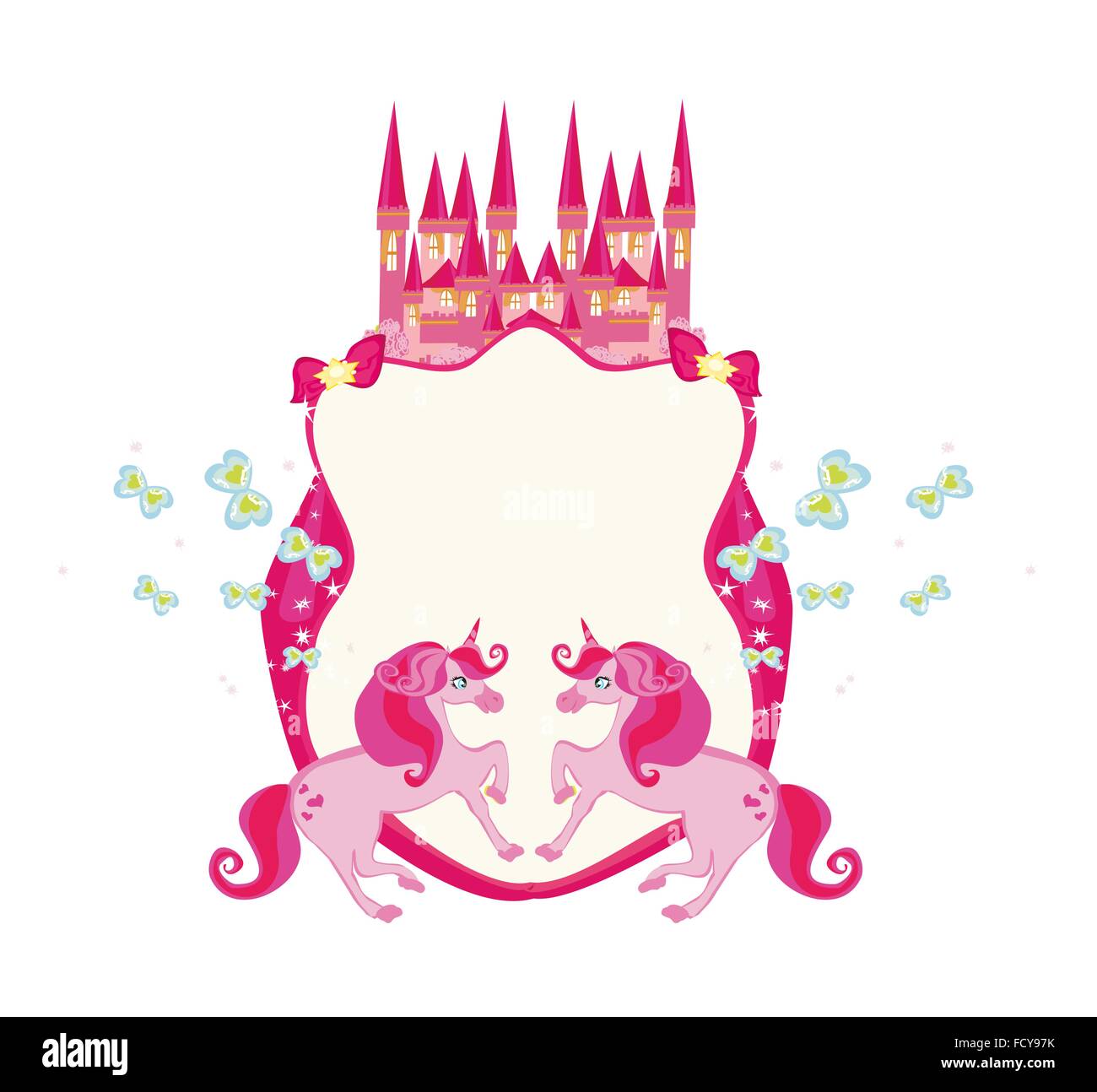 Märchen-Rahmen mit rosa magische Schloss und Einhörner Stock Vektor