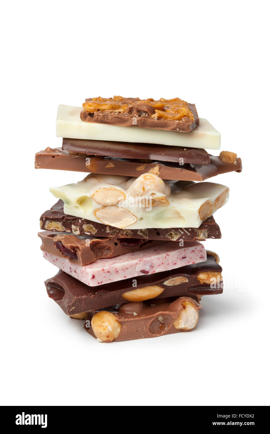 Vielzahl von Schweizer Schokolade auf weißem Hintergrund Stockfoto