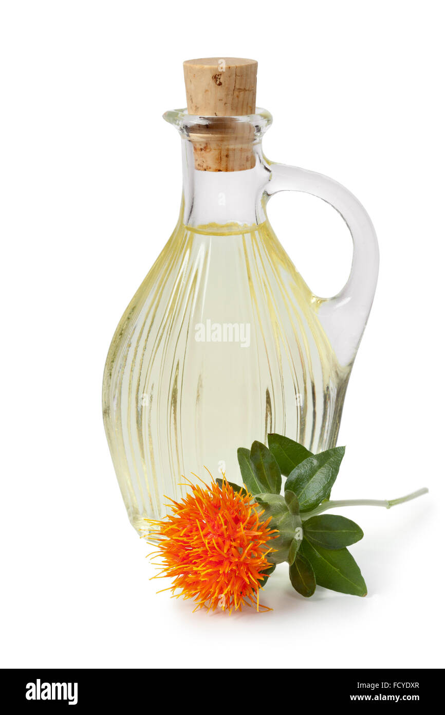 Flasche mit Distelöl auf weißem Hintergrund Stockfoto