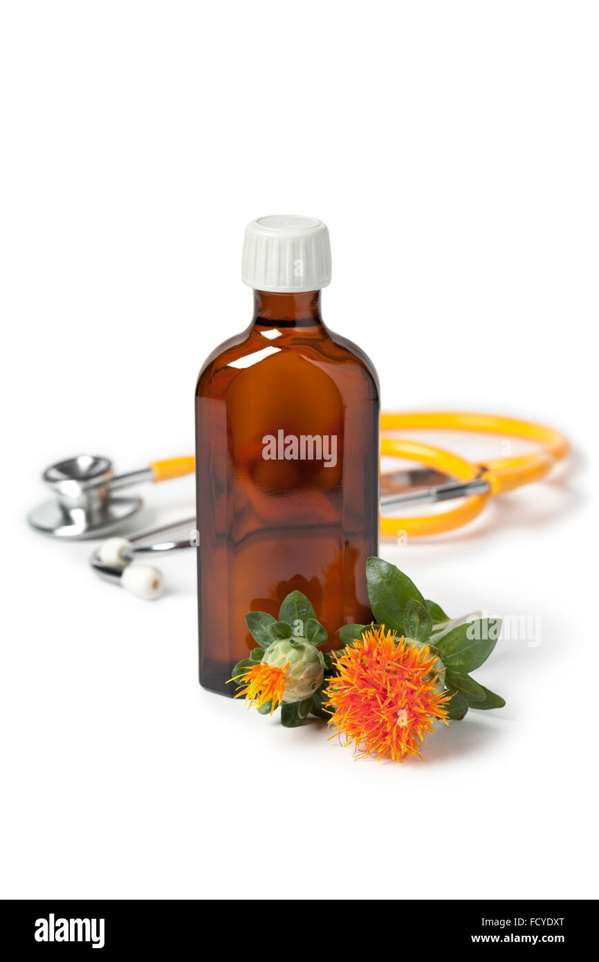 Flasche mit medizinischen Distelöl auf weißem Hintergrund Stockfoto