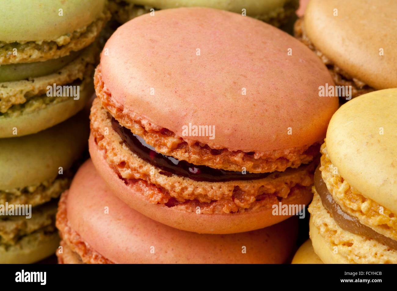 Frisch gebackene französische Macarons in Reihen Stockfoto