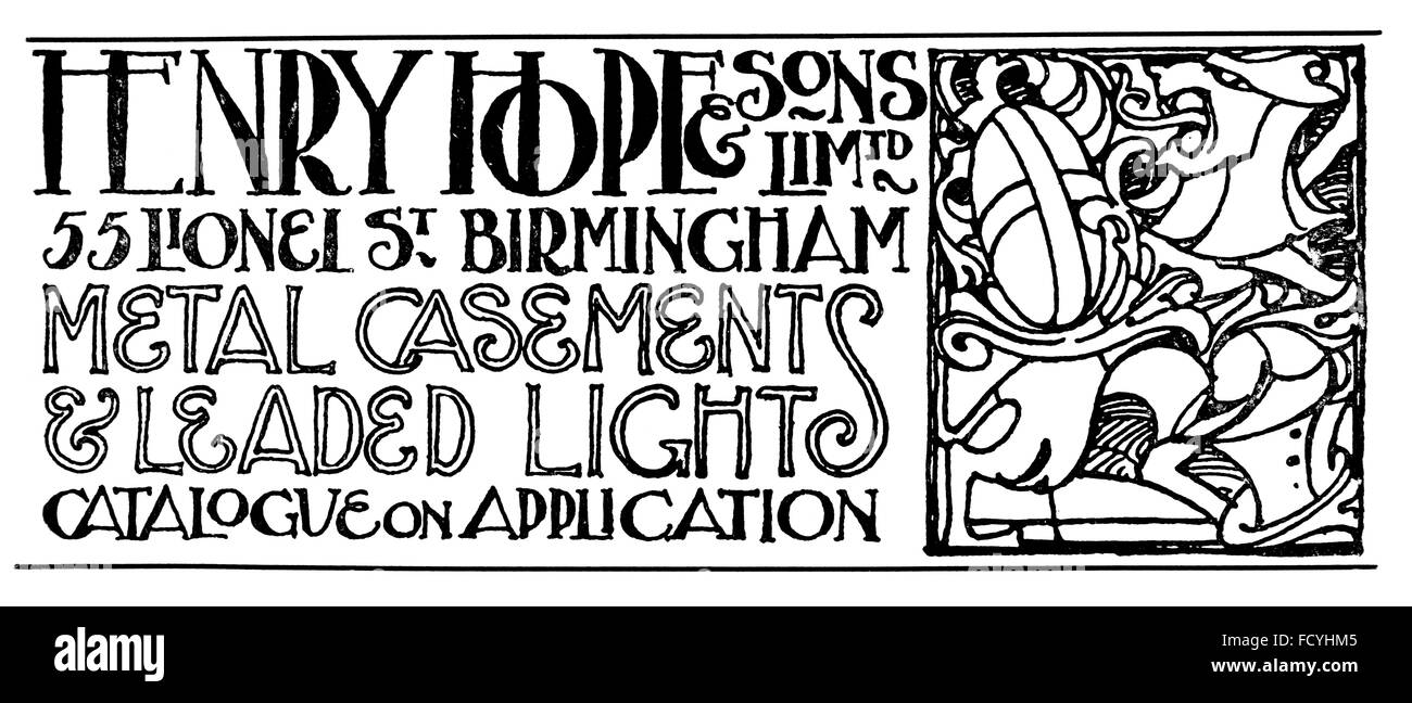 Henry Hope & Sons, Ltd, Bleiverglasung, Licht und Metall-Flügel, Hersteller, Birmingham, 1900 The Studio Magazin Werbung Stockfoto