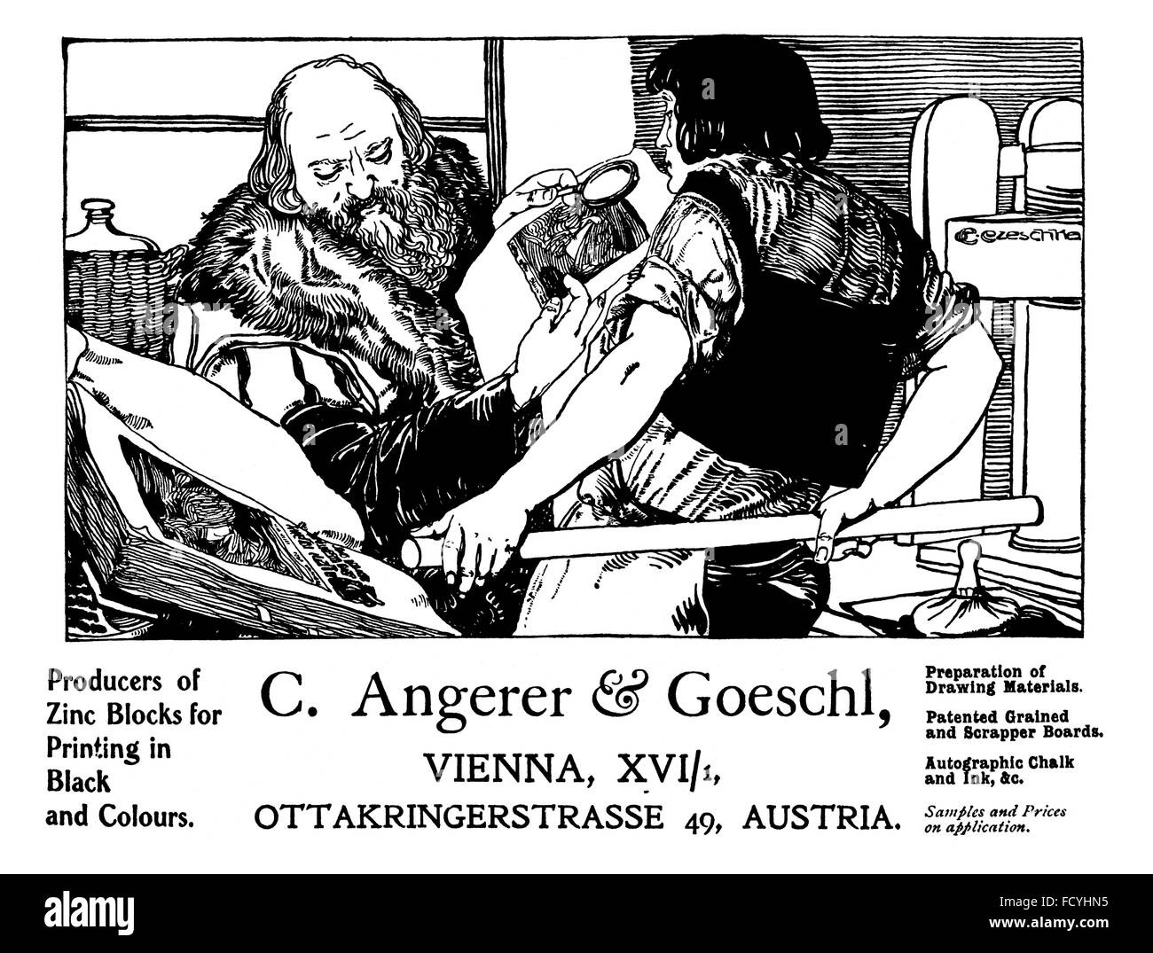 Angerer und Goeschl Zink Block Entscheidungsträger, Vienna Werbung von 1900 The Studio Magazine Stockfoto