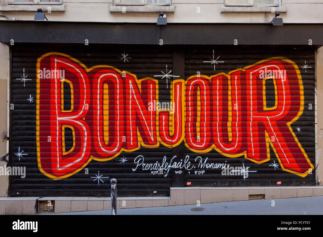 Bonjour, street-Art, Paris, Frankreich Stockfoto