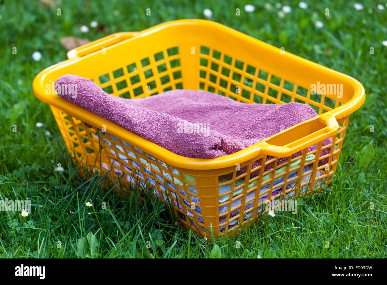 Frisch gewaschene Wäsche in einem Plastikkorb, im Garten auf dem Gras liegend Stockfoto