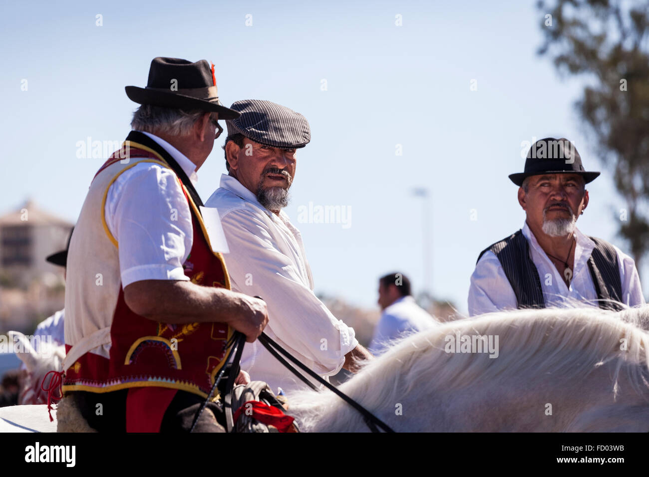 Reiter und Pferde in der Koppel bei der Fiesta San Sebastian La Caleta, Costa Adeje, Teneriffa, Kanarische Inseln, Spanien. Stockfoto