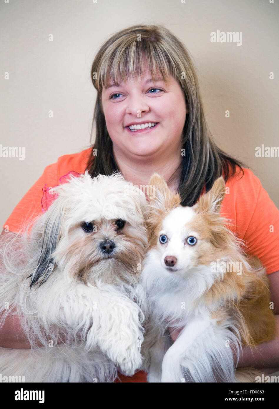 Eine Frau mit ihren beiden Hunden Stockfoto