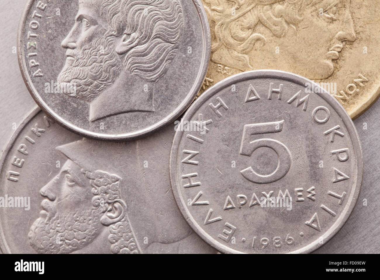 Verschiedene Münzen der alten griechischen Drachme Stockfoto