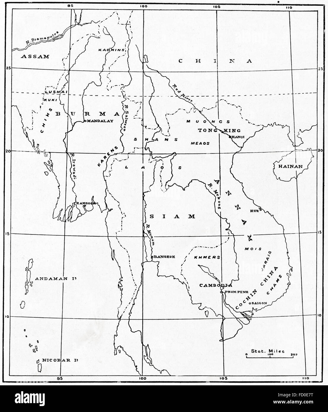 Eine Karte der indisch-chinesischen Halbinsel um 1900.  Indochina oder Festland-Südostasien. Stockfoto