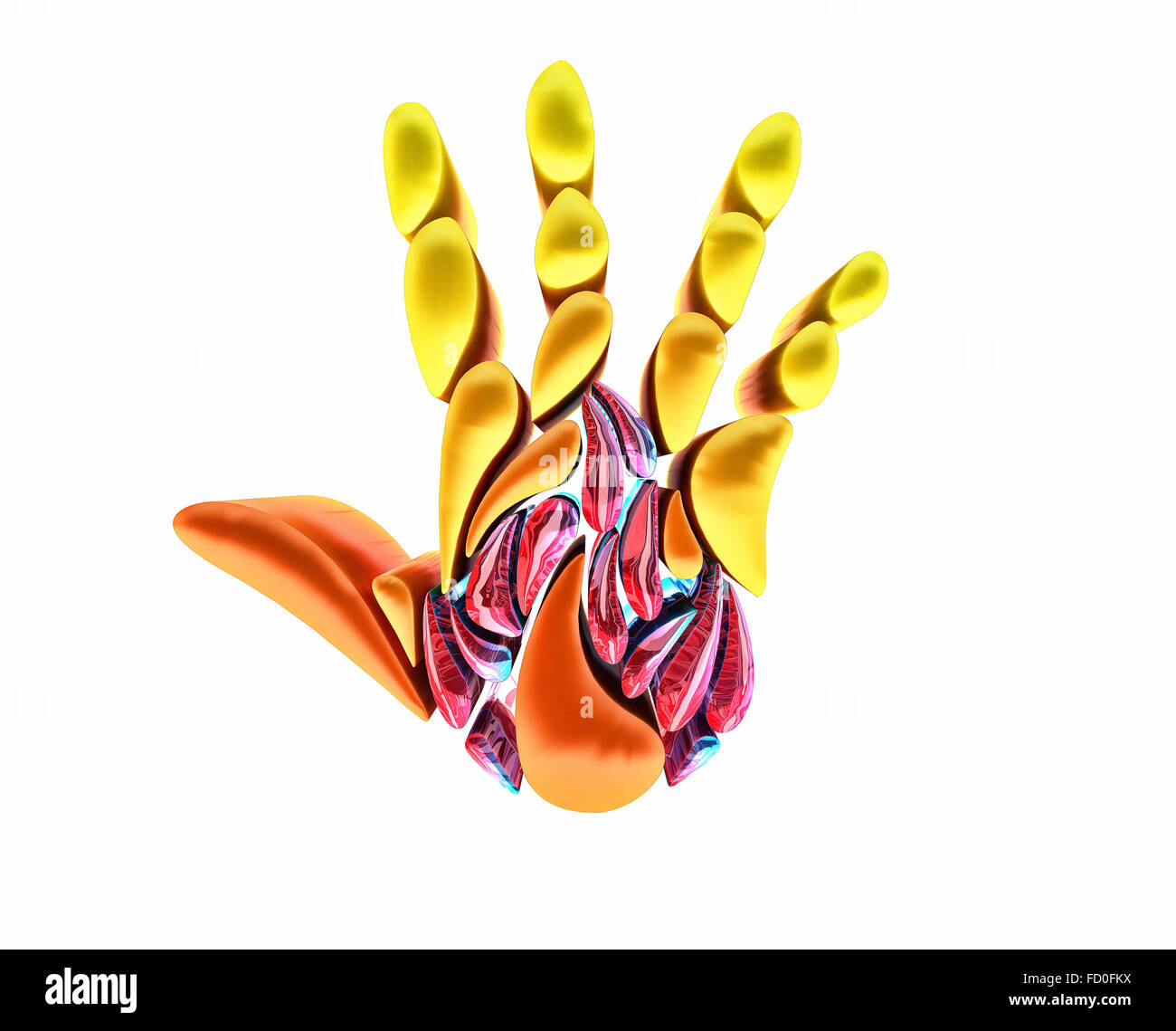 Feuer-Palm-Logo kombiniert. Volumetrische Zeichen offene Hand. Im Zentrum der Hand bilden durchscheinende Elemente Lagerfeuer Form. Flamme 3d logotyp Stockfoto
