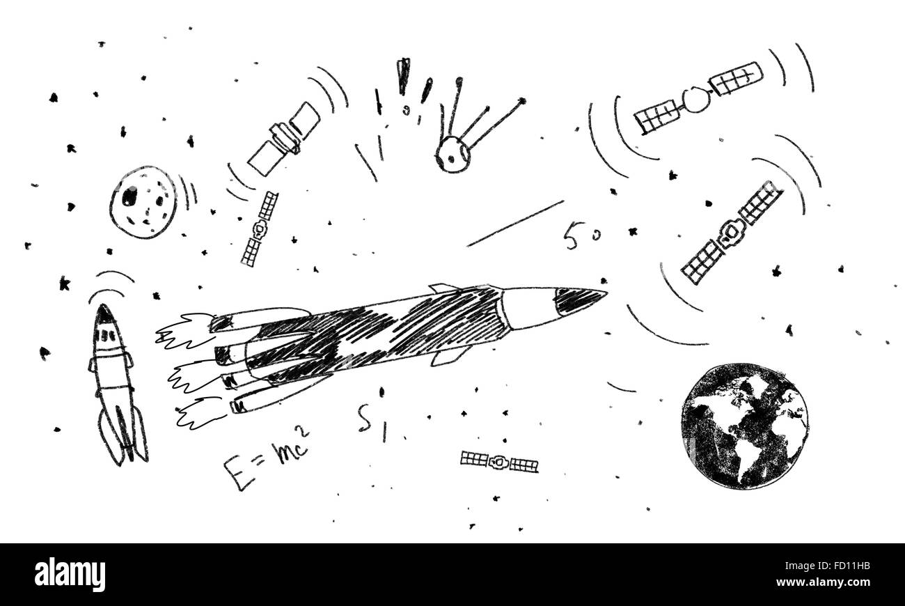 Skizze der Rakete auf weißes Blatt Papier Stockfoto