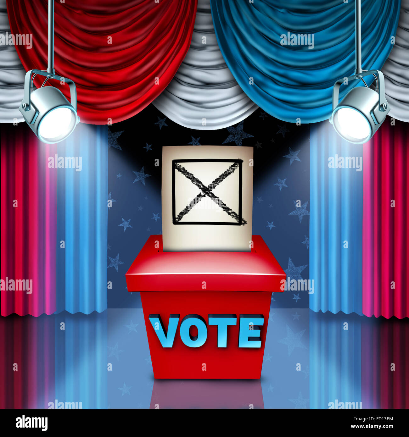 Amerikanische Stimmzettel Box Wahl-Konzept mit roten weißen und blauen USA Flagge Farbe Vorhänge als Metapher für eine politische Kampagnen auf Fragen der Sozialpolitik, die Abstimmung in einem freien demokratischen Prozess zu gewinnen. Stockfoto