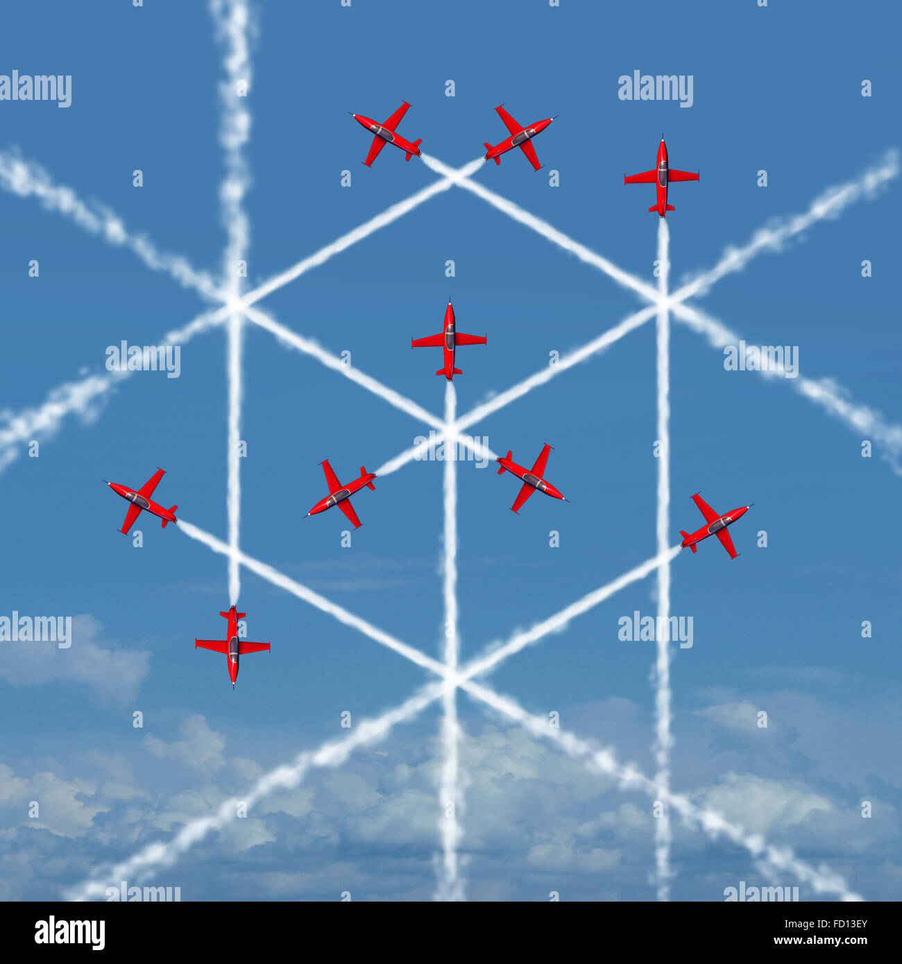 Geometrische Cube-Konzept als eine abstrakte drei dimensionale quadratische Form erstellt durch die Rauchfahne Jet-Flugzeuge zu fliegen, als Symbol für Geometrie oder Team zu organisieren und gemeinsam zum Erfolg. Stockfoto