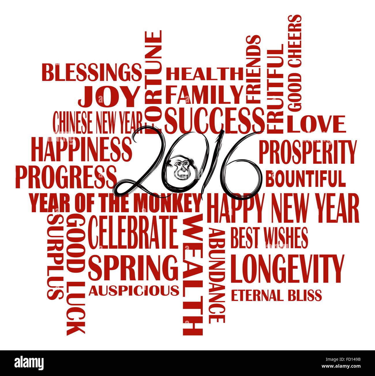 2016 Chinese Lunar New Year Englisch Grüße Text wünschen Gesundheit Glück Wohlstand Glück im Jahr des Affen auf Stockfoto
