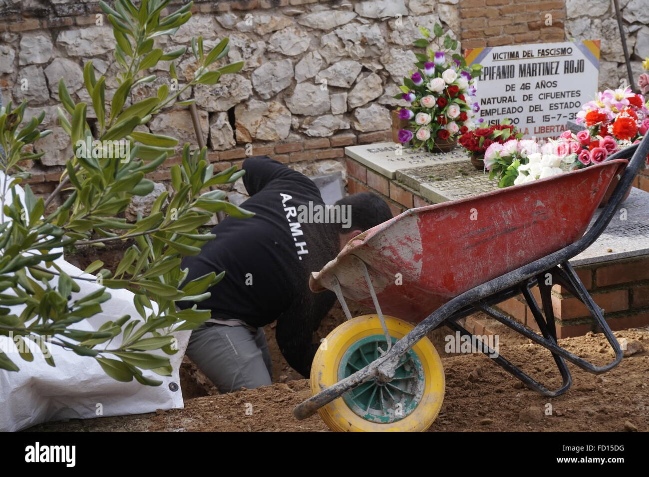 Guadalajara, Spanien. 19. Januar 2016. Eine Franco-Ära Massengrab auf dem Friedhof in Guadalajara, Spanien, 19. Januar 2016 exhumiert werden. Mehr als 20 Mordopfer der Diktatur werden gedacht, um hier vor mehr als 75 Jahren vergraben wurden. In Spanien liegen Zehntausende von ermordeten Opfer des Franco-Regimes in anonymen Massengräbern begraben. Foto: JUAN MANUEL CIORDIA CEBOLLA/DPA/Alamy Live-Nachrichten Stockfoto