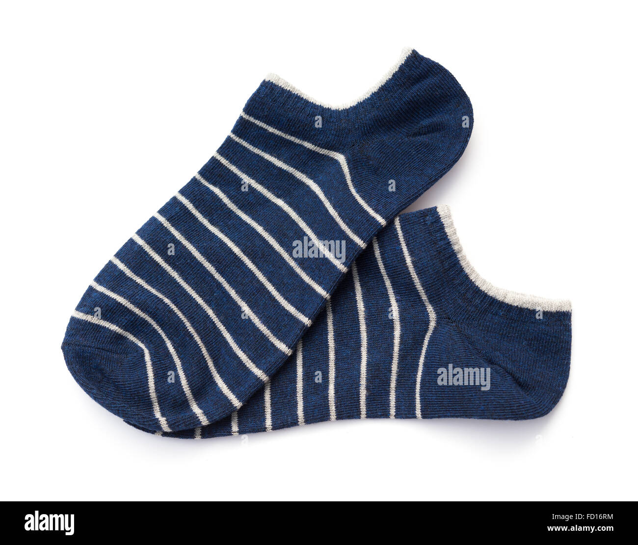 blaue Streifen Socken auf weißem Hintergrund Stockfoto