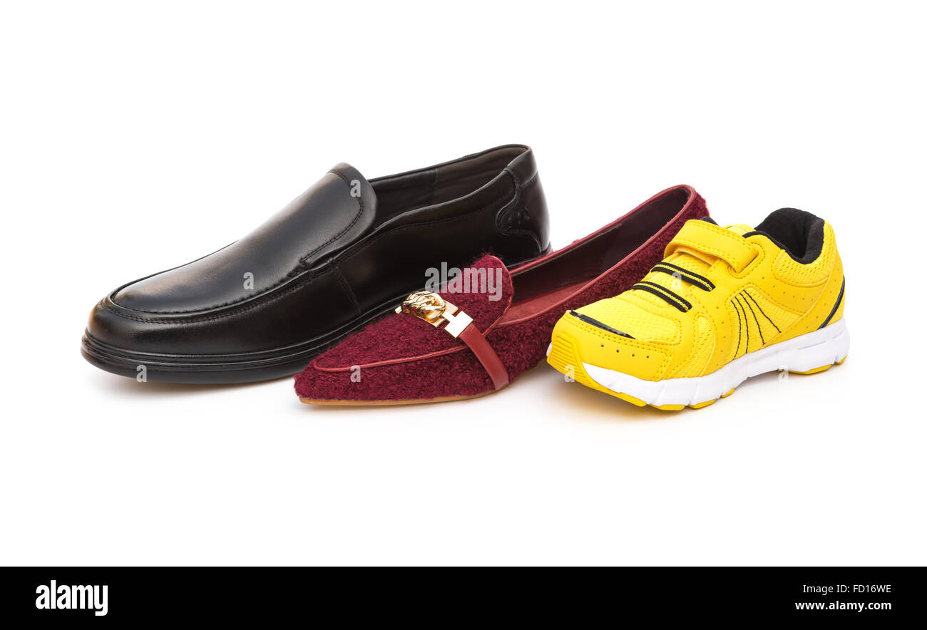 Schuhe für Vater-Mutter und Sohn auf einem weißen Hintergrund Stockfoto