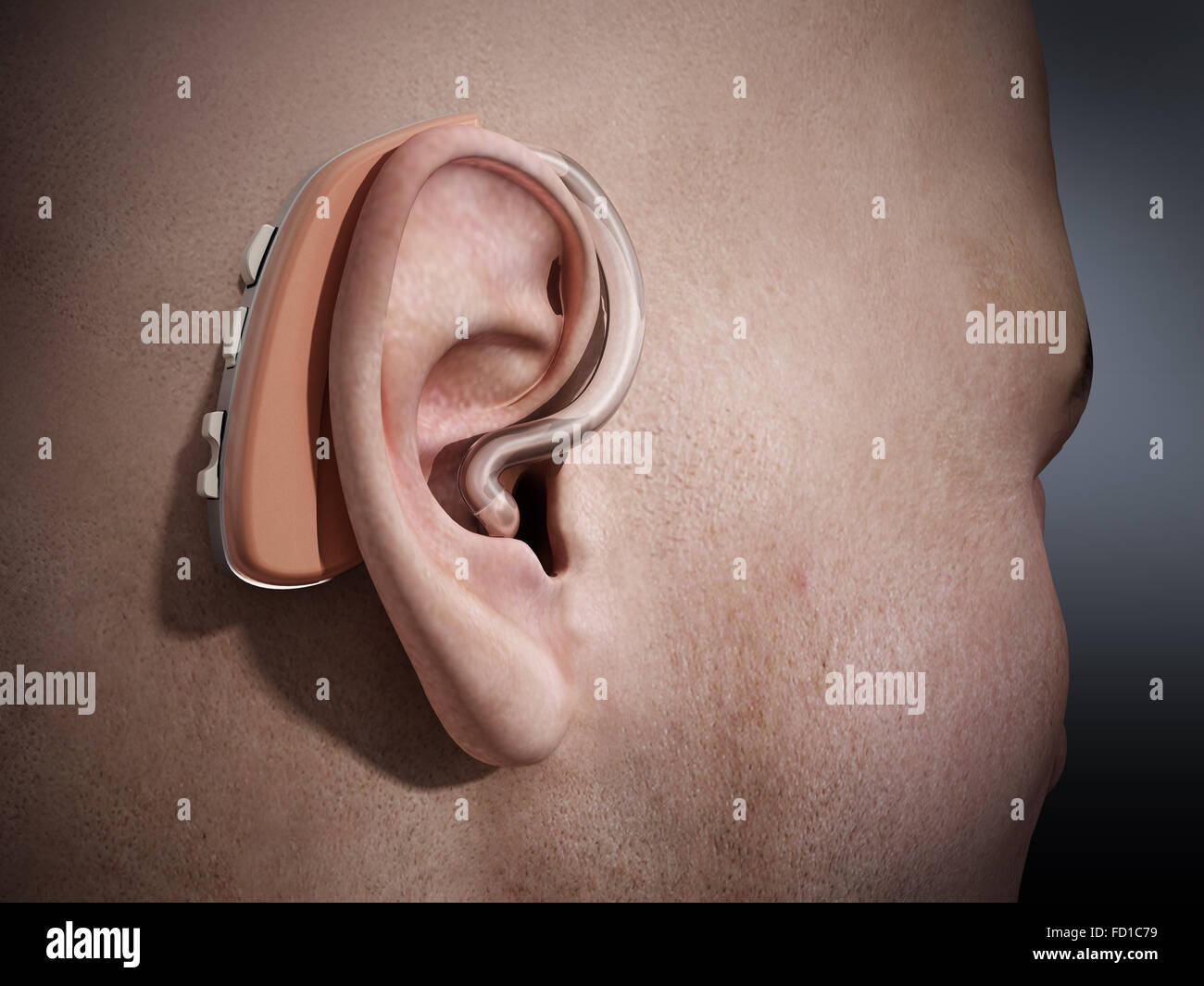 Ohr oder Hörgerät am Ohr des Mannes Stockfoto