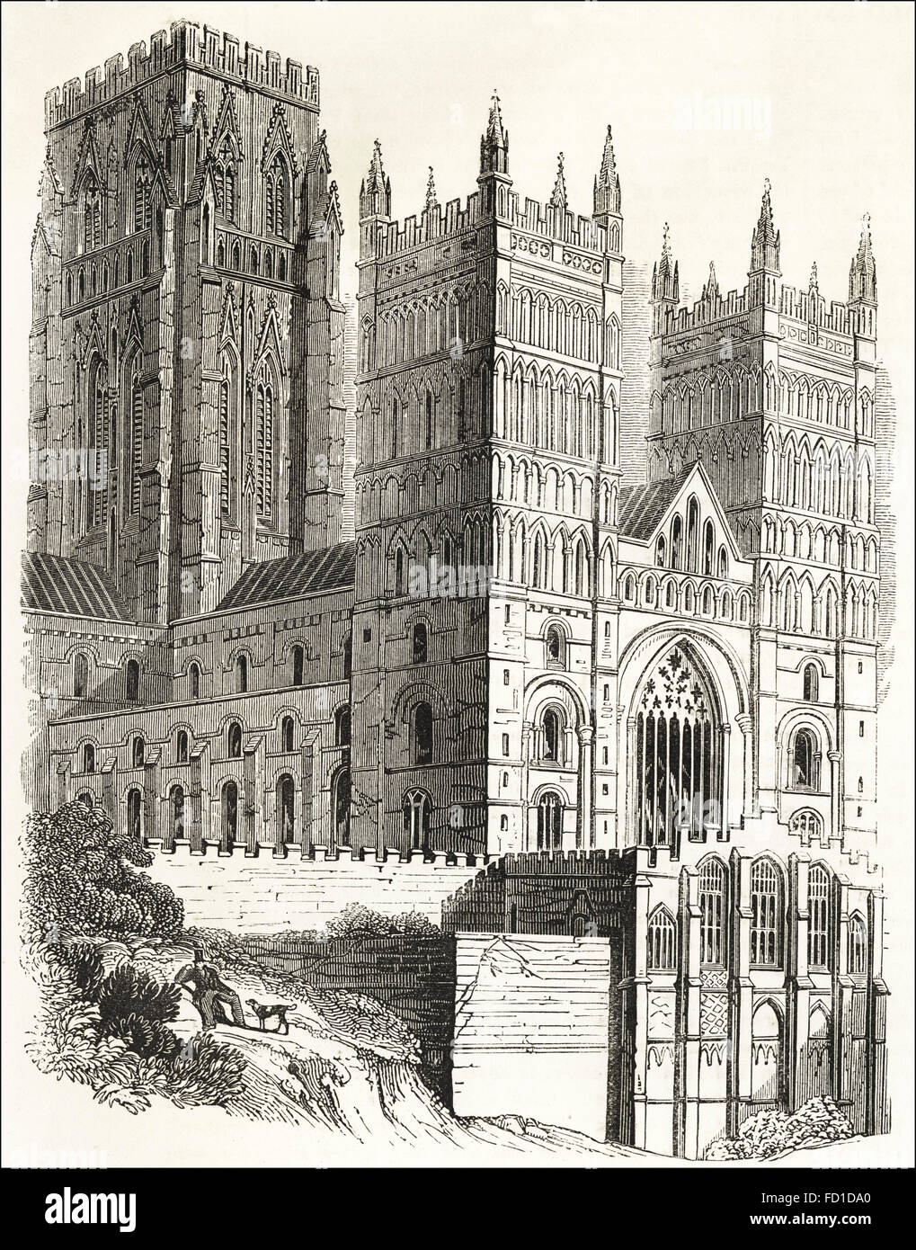 North Westansicht der Kathedrale von Durham. Viktorianischen Holzschnitt, Kupferstich, ca. 1845. Stockfoto