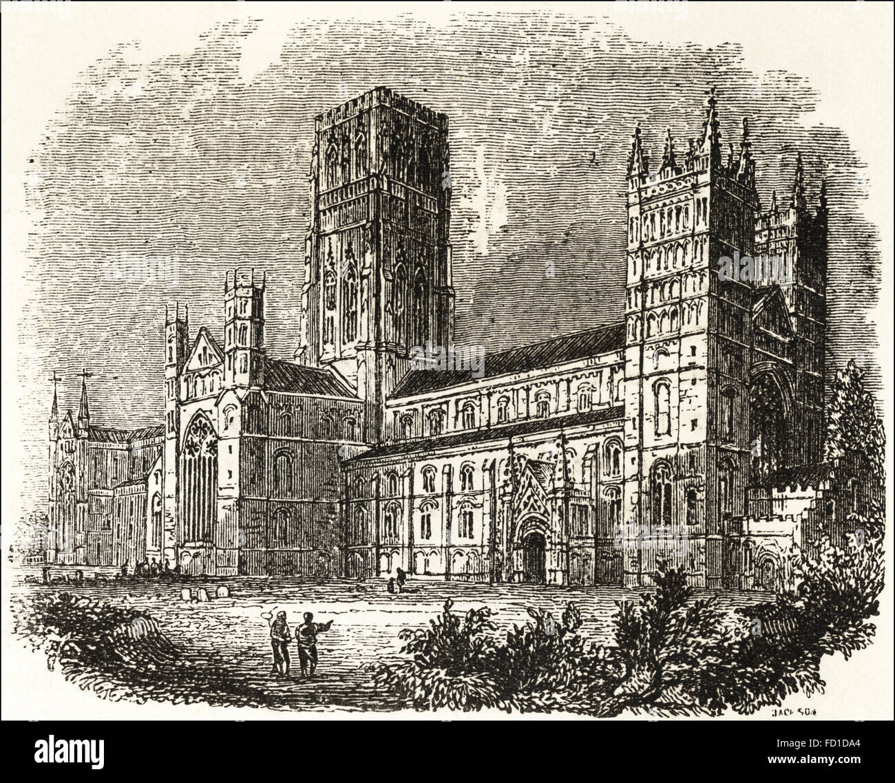 Blick auf die Kathedrale von Durham 1093 gegründet. Viktorianischen Holzschnitt, Kupferstich, ca. 1845. Stockfoto