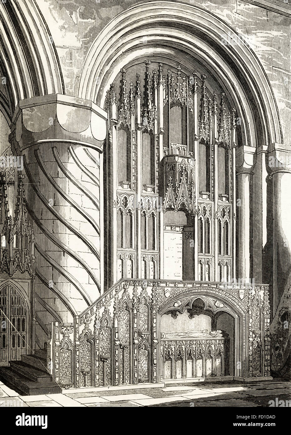 Bishop's Thron in Durham Kathedrale aus dem 14. Jahrhundert. Viktorianische Holzschnitt Kupferstich ca. 1845. Stockfoto