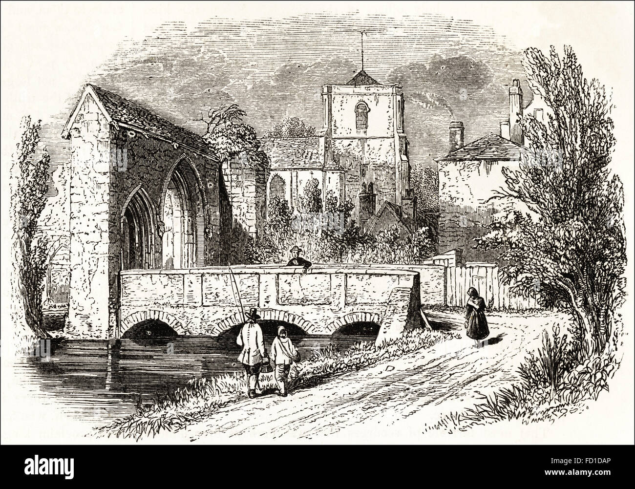 Ansicht von Waltham Abbey Kirche & die Ruinen des 14. Jahrhunderts Torhauses des Augustiner Klosters des Heiligen Kreuzes. Viktorianischen Holzschnitt, Kupferstich, ca. 1845. Stockfoto