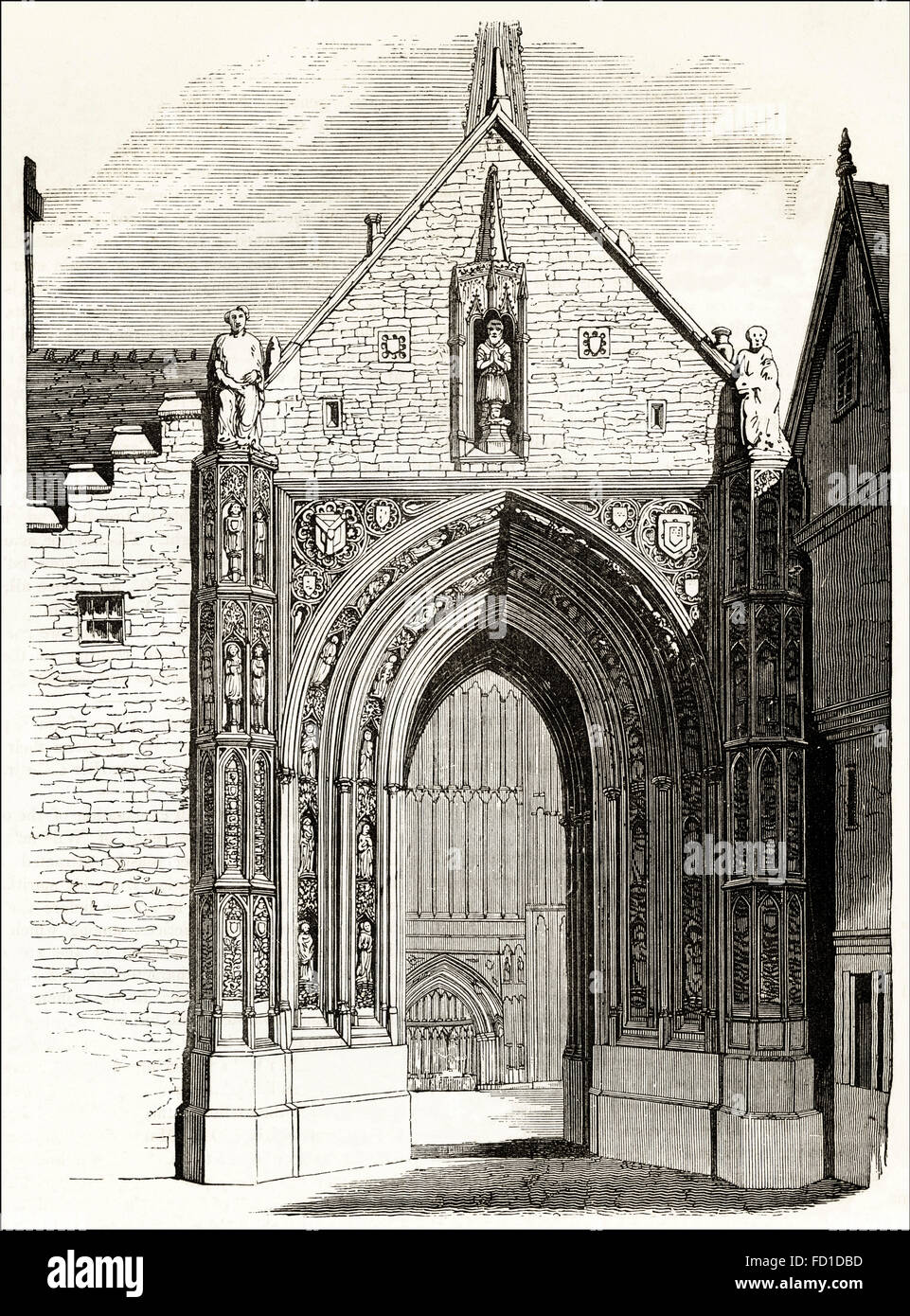 Erpingham Gateway zu Norwich Cathedral. Viktorianische Holzschnitt Kupferstich ca. 1845. Stockfoto