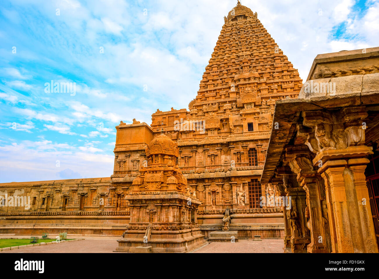 Tolle Architektur der Hindu Tempel Brihadishwara, Indien, Tamil Nadu, Thanjavour, (Trichy), Nahaufnahme Stockfoto